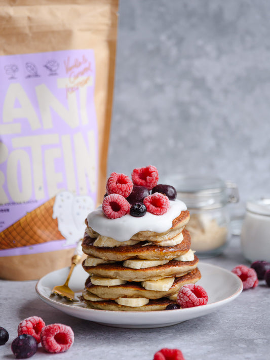 Vegan Vanilla Caramel Pancakes with fruits