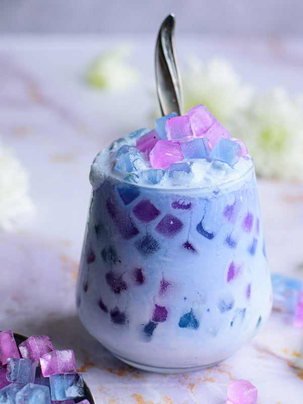 Butterfly Pea & Coconut Milk Drink, with colorful ice cubes😍